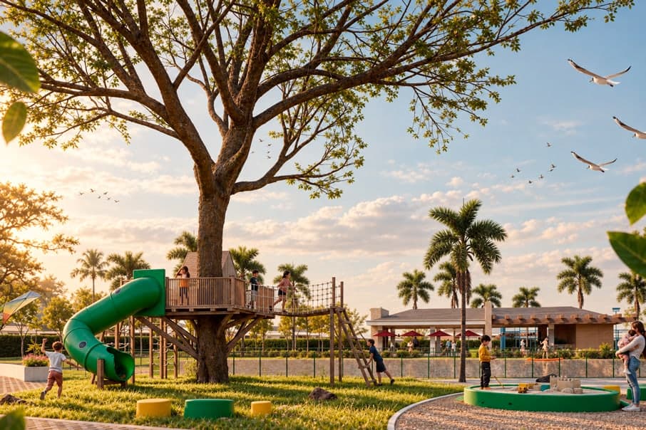 Render de la Casa del Árbol construida alrededor de un árbol nativo, con tobogán verde y puente de cuerdas