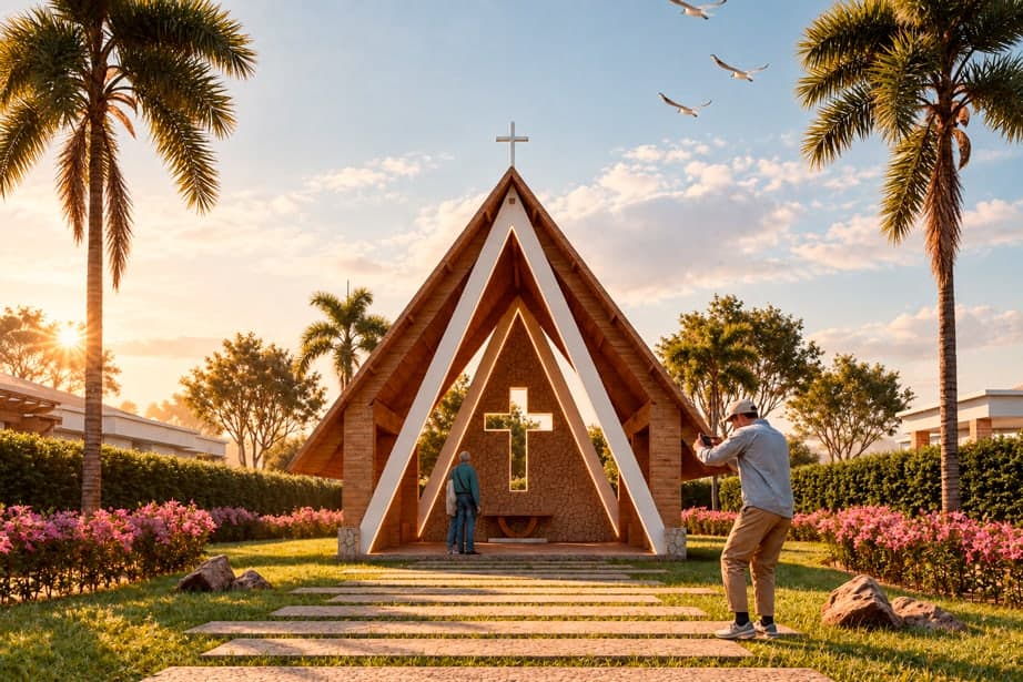 Render del oratorio de cubierta triangular en madera y ladrillo con sendero de piedra