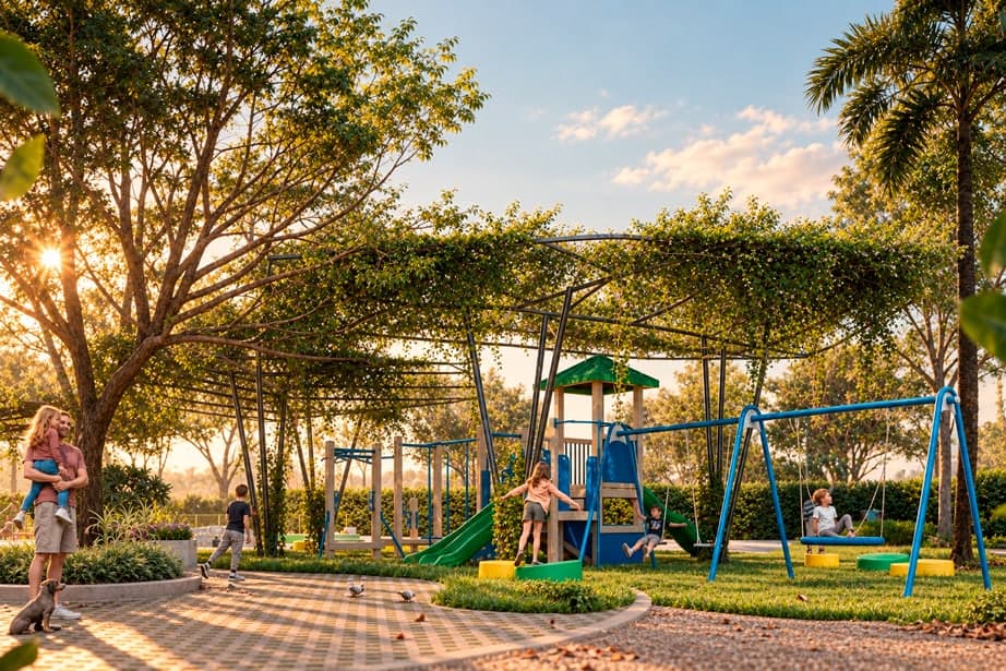 Render del parque infantil con columpios y juegos bajo una pérgola cubierta de vegetación