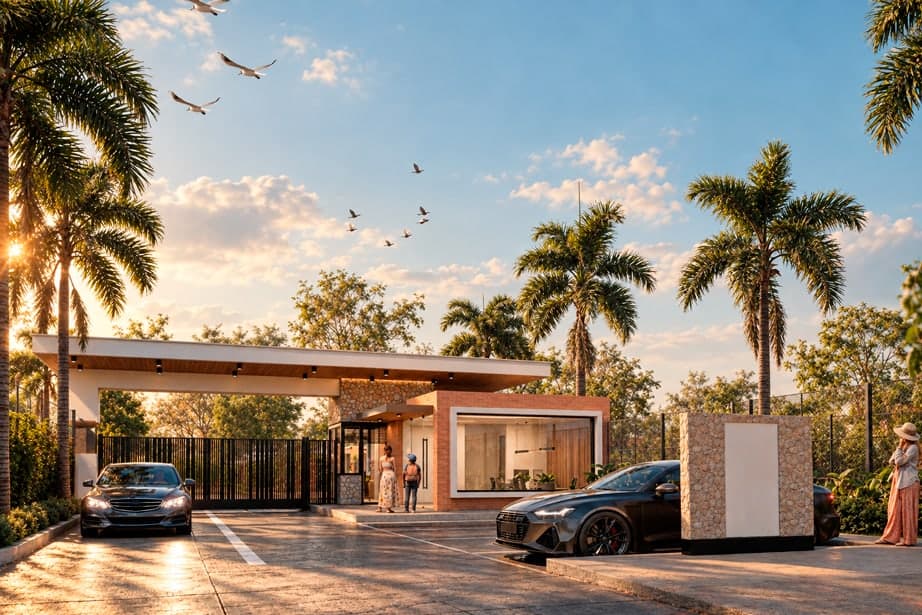 Render de la portería del condominio con acceso vehicular y peatonal entre palmas