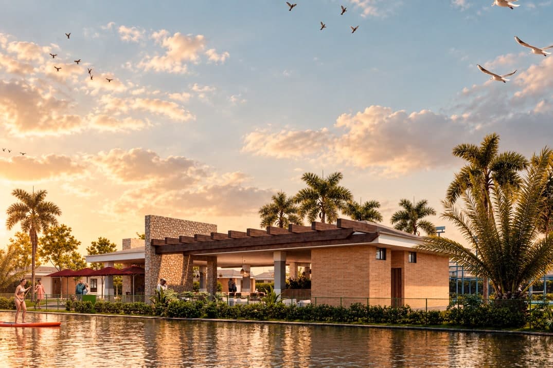 Render del salón social de piedra, ladrillo y pérgola de madera a orillas del lago
