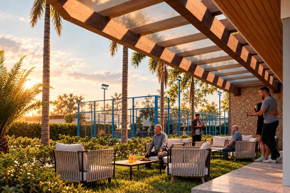 Render de la terraza bajo pérgola de madera con sillones y vista a la cancha de pádel